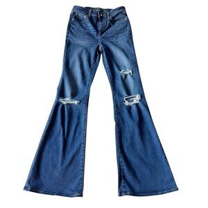 American Eagle Next Level Stretch Super Hi-Rise Flare Distressed Jeans Sz 6 Long